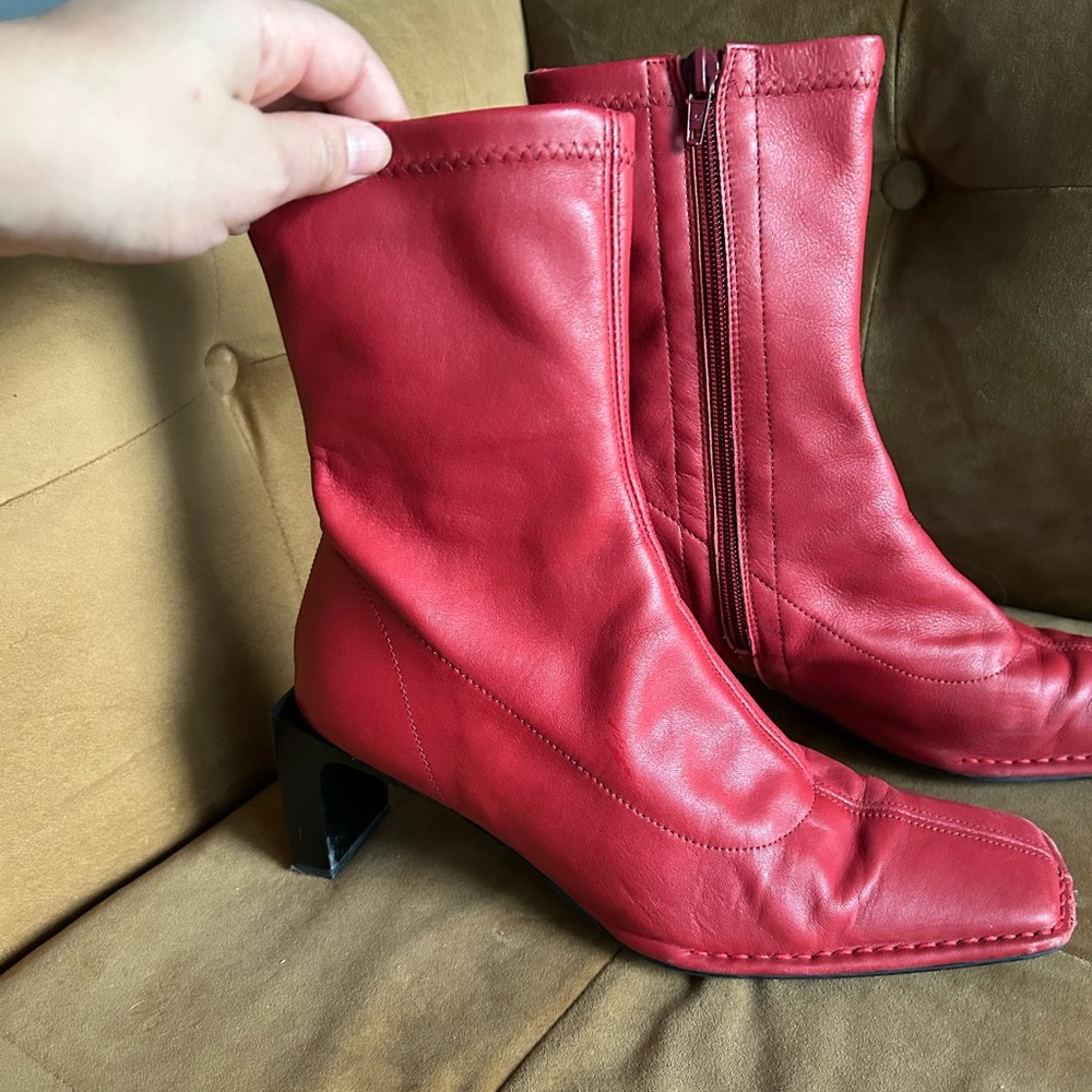 Red Leather Calf-High Boots